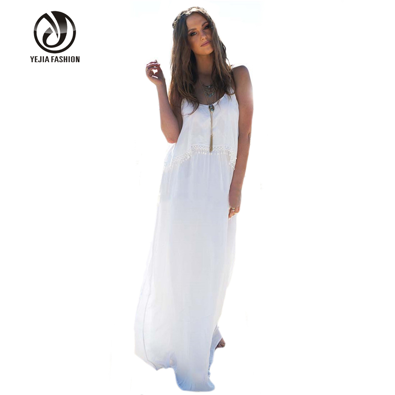 Summer Beach Dress 2016 Women Casual Loose Backless Solid Chiffon Ruffles Clothes Spaghetti Strap Long Maxi