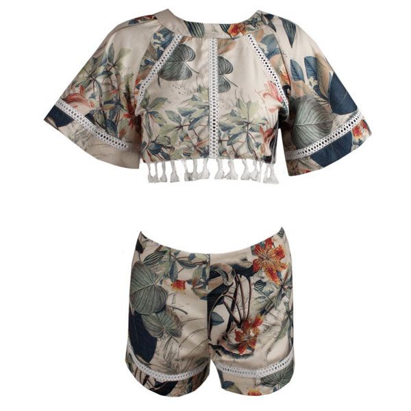 2015 Summer Women Sexy Floral Tassel Two-piece Backless Casual Crop Tops + Pants Shorts Suit Sets Fashion