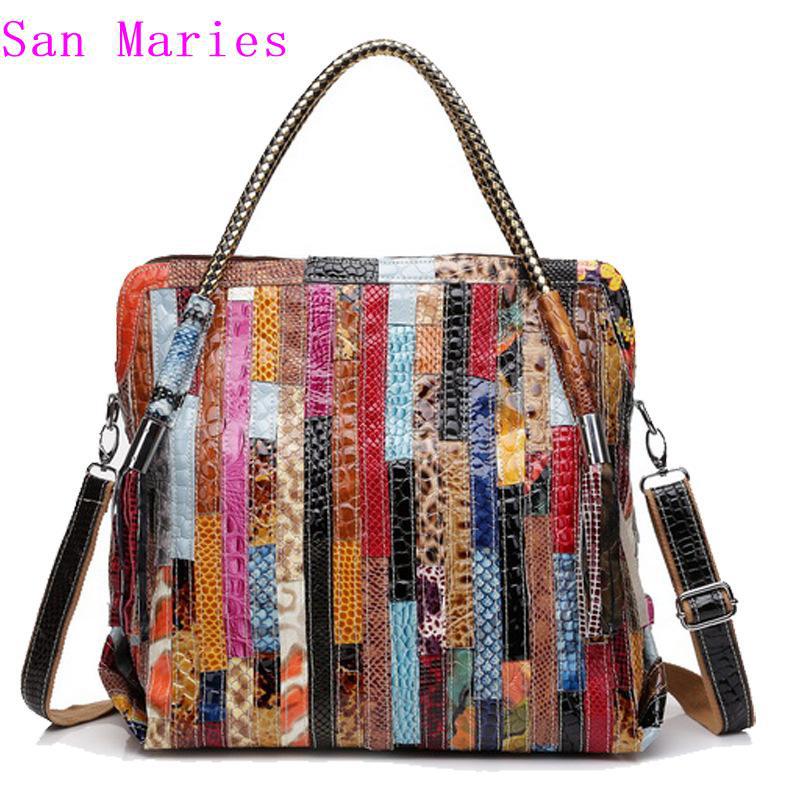 44x39CM fashion panelled multi color real leather handbag serpentine colorful stripes shoulder ...