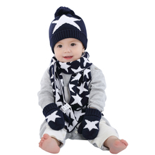 boys knitted hat scarf and glove set children new 2016 winter fashion kids boy navy blue star print 3 pieces sets christmas gift