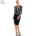 2017 Womens Elegant Front Zipper 3 4 Sleeve Colorblock Tunic Business Casual Wear To Pencil Sheath