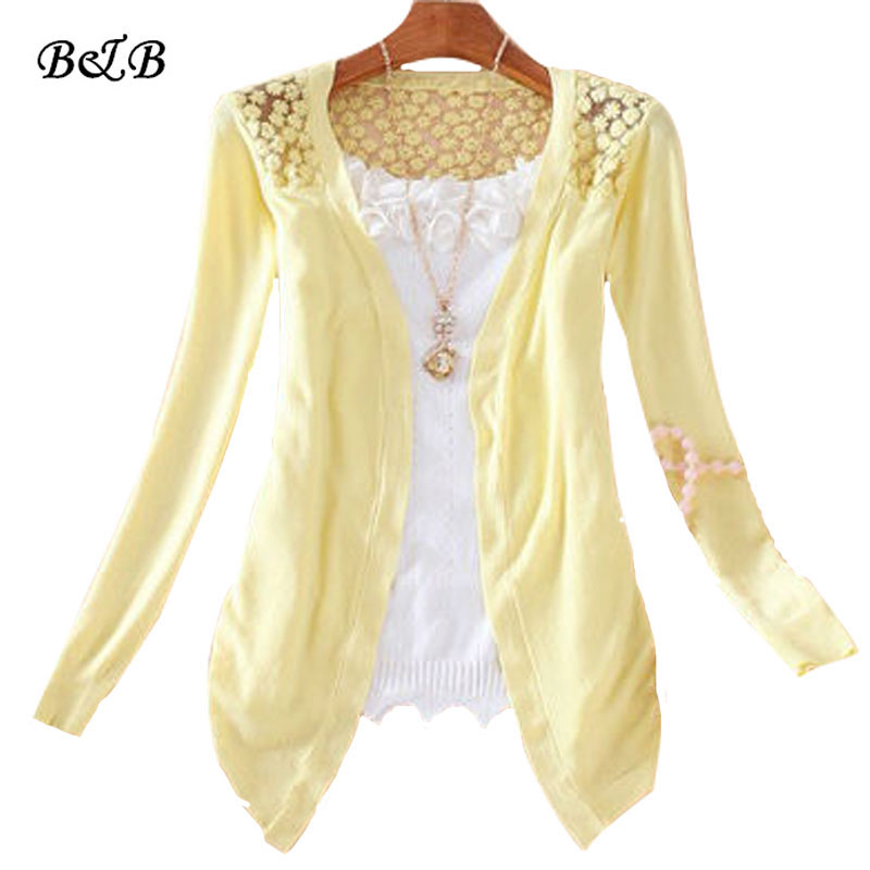 Image of Women Candy Color Irregular Hem Long Sleeve Slim Thin Lace Hollow Out jacket Women Knitted Cardigan Sweater Tops