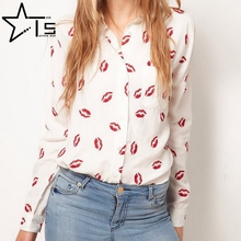 Twinkle Star Stand Collar Red Lip Print White Chiffon Blouse Free Shipping Lady Shirt 2016 Fashion Long Sleeve Women Blouse