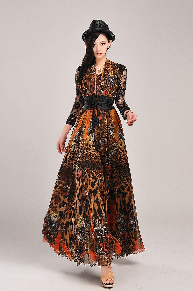 2014 new fashion spring summer women's one-piece dress leopard print lace chiffon full dresses for parties long maxi beach dress
