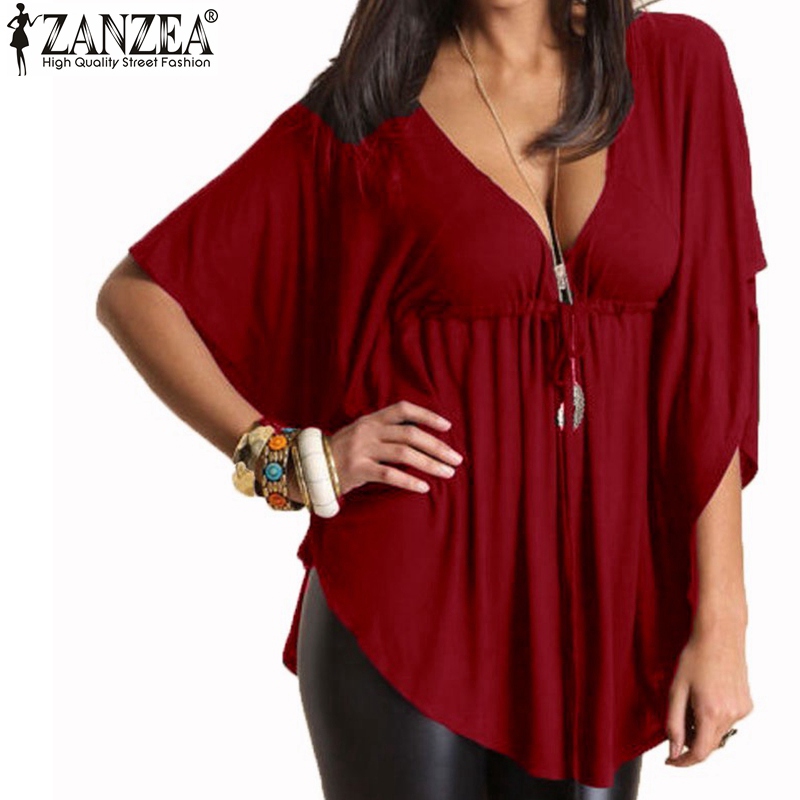 Image of ZANZEA 2016 Summer Women Blusas Sexy Casual Loose V Neck Batwing Sleeve Tee Tops Ladies Solid Blouses Shirts Plus Size 4-24