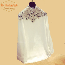 Luxury Style Blusa Diamond Stand Women Chiffon Shirts White Long Sleeves Blouse 2015 Fashions Beading Lace Com Tule Tops