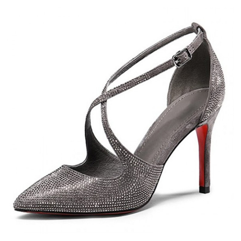 Gray / black 2016 Women Fashion Rhinestone Pointed Toe Full Grain Leather Thin Heels Pumps Lady Party elegant shoes for women