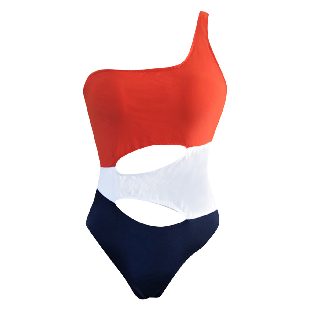 Summer Women Patchwork Red White Blue Sexy Slim Bikini One Piece