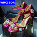 WRCIBOR 2017 spring summer woman rhinestone high heels shoes wedding shoes bridal red purple lace platform