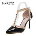 Brand HXRZYZ spring summer sexy T Strap Ankle thin heel pumps fashion Rivet 9cm super high