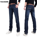 2016 new mens jeans pants elastic mid rise straight men clothing tops trousers deep blue casual
