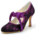Woman Black High Heel Closed Toe Mary Jane Ribbon Tie Lace Satin Bride Bridesmaid Evening Prom