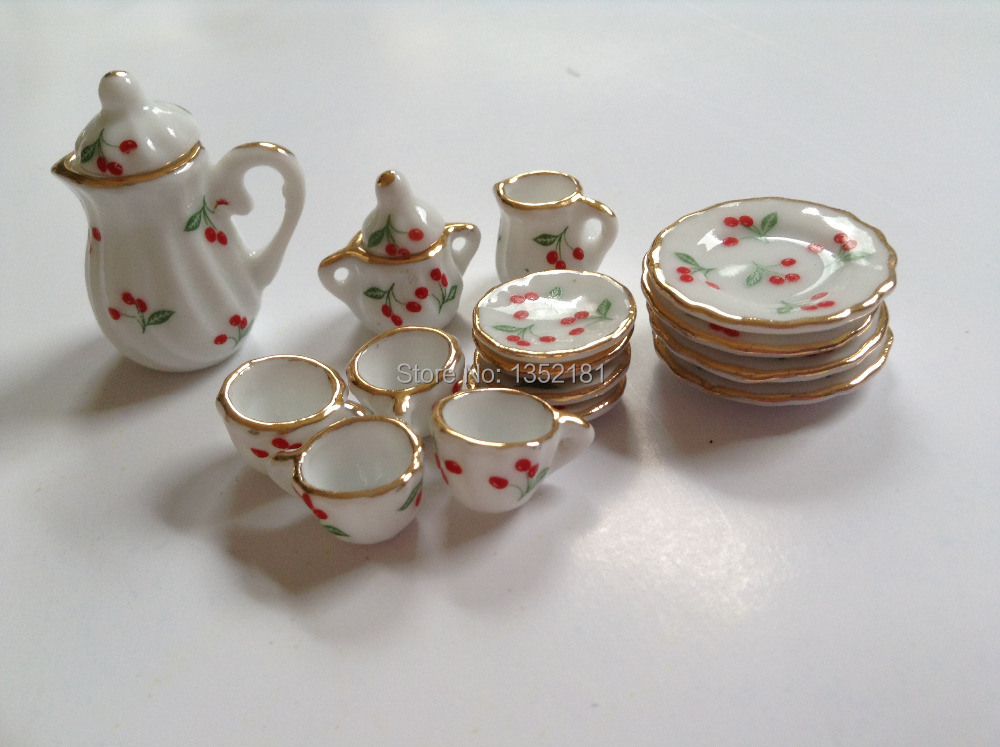 1:12 Cute MINI Dollhouse Miniature kitchen red fruit china ceramic tea set 15 pcs