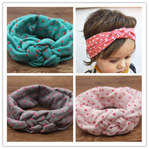 Image of newborn baby girl cotton turbante fabric elastic hair band dots knot headwear turban hairband baby elastic bandanas headband