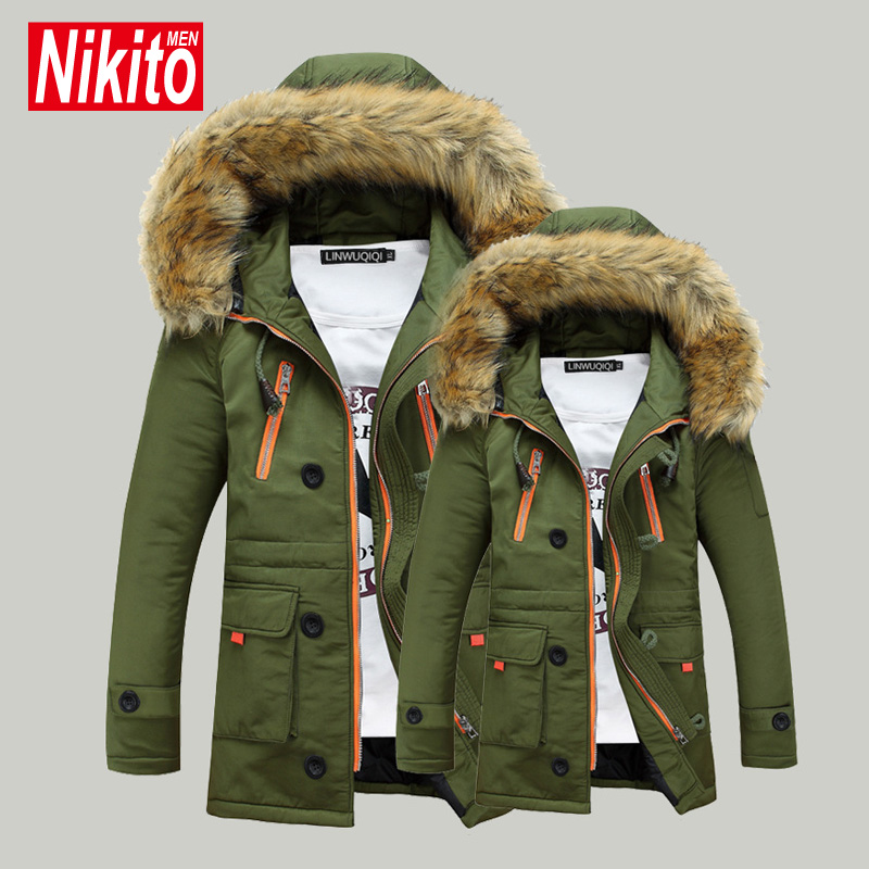 Men\'s Faux Fur Collar Hooded Jacket 2015 Winter Co...