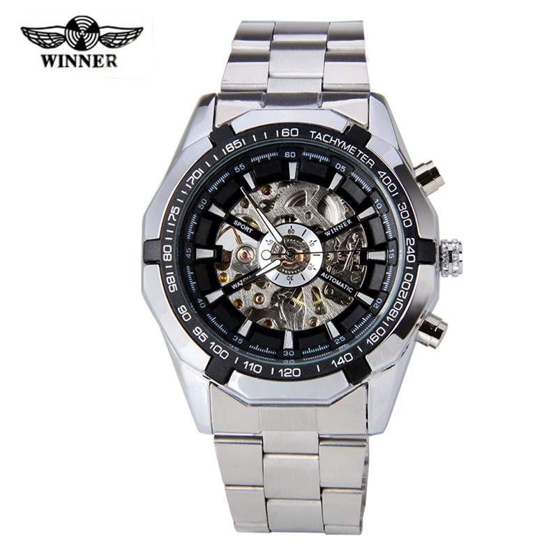 relojes Winner Brand New Fashion Steel Men Male Clock Automatic Mechanical Mens Wrist Dress Skeleton Black
