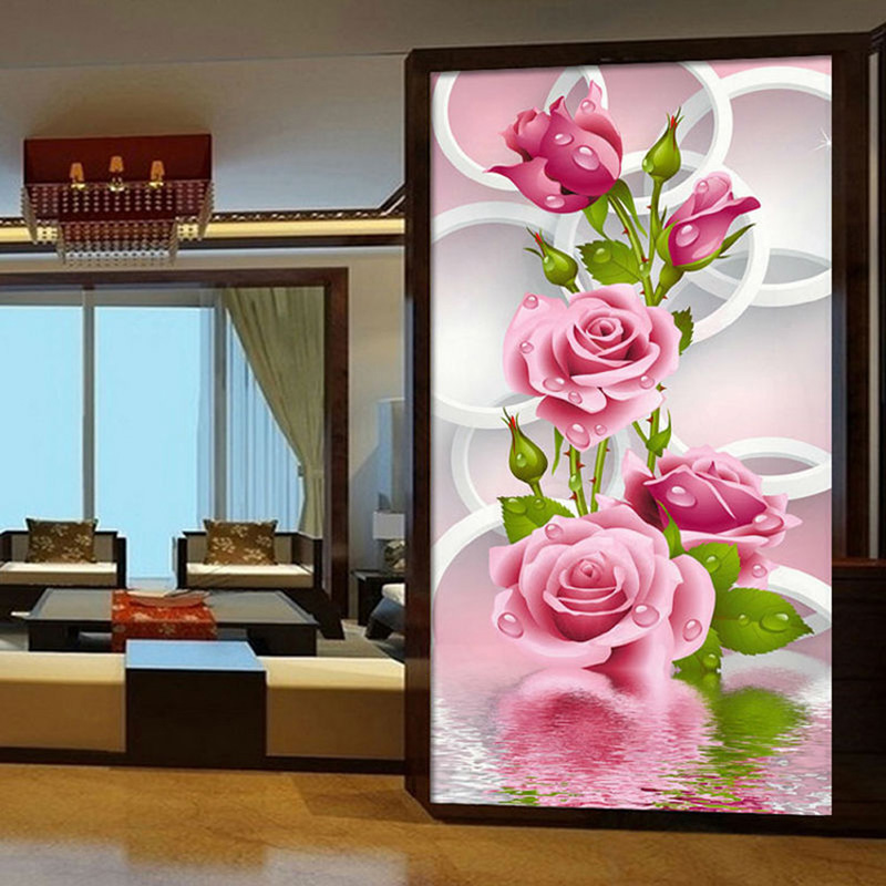 Image of Needlework 5D Diy Diamond Painting Cross Stitch Pink Rose Diamond Embroidery Flower Vertical Print Rubik's Cube Drill Picture