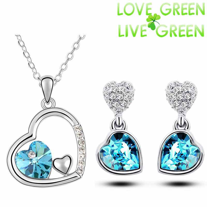 Image of Free Shipping top quality girl women accessories bridal 18K white Gold Plated Crystal double heart Necklace Earrings jewelry Set