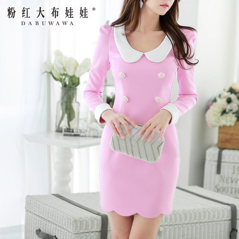Spring 2015 couture dress pink doll doll collar slim long sleeved dress lady