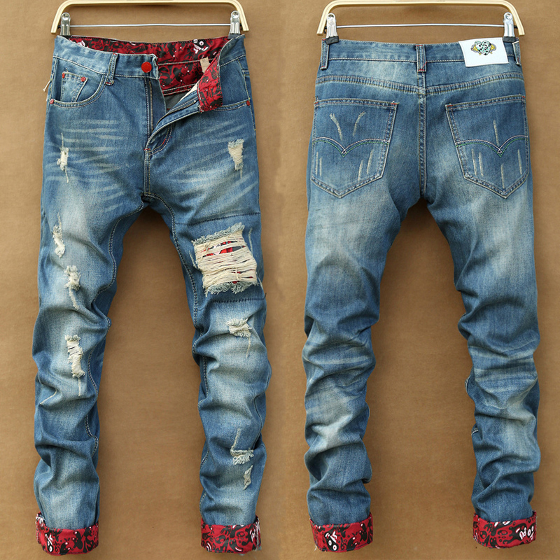2016 New Men Slim Straight Jeans Men Homme Red Cuffs Cool Ripped Denim Pants Trousers Religious Jeans for Male - Discounts Alway