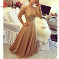 2016 New Design Lace Evening Gowns Golden Off Shoulder Long Sleeve Chiffon A Line Formal PArty