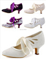 Women Wedding Shoes White Ivory Close Toe Mary Jane Mid Heel Pumps Bride Lady Lace Pumps