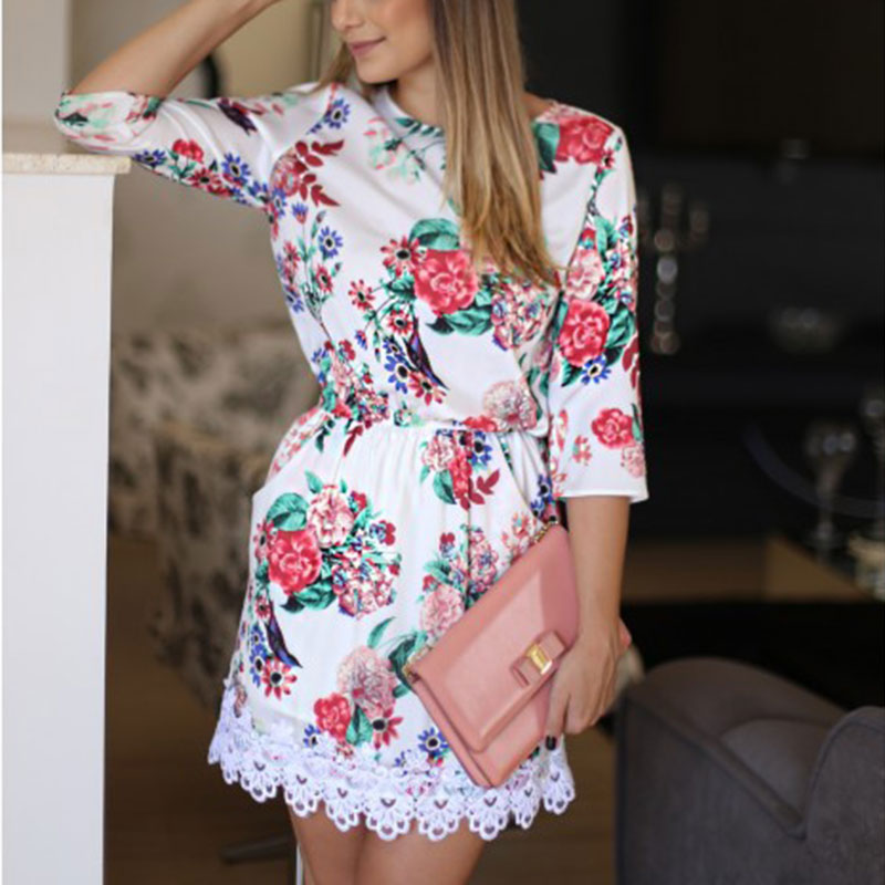 Image of Women Floral Fashion Casual Crewneck Long Sleeve Lace Comfortable Good Selling Beautiful Hot Nice S/M/L/XL Mini Sundress Dress
