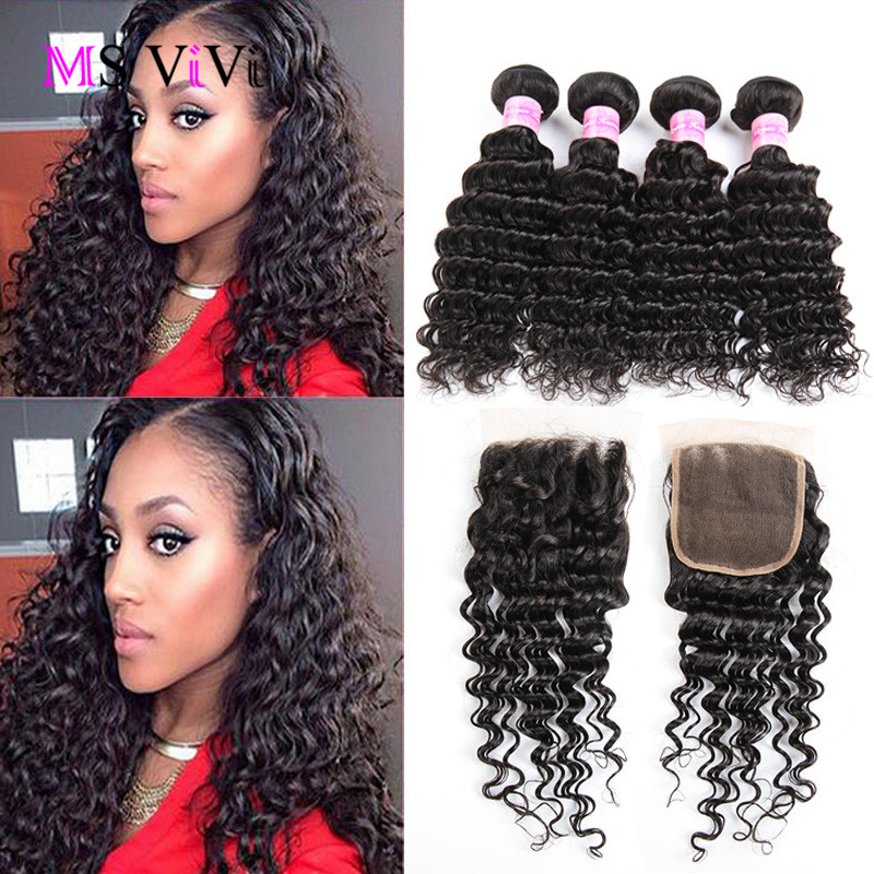 Image of Brazilian Virgin Hair With Closure Deep Wave 4 Bundles With Closure Brazilian Deep Wave With Closure Human Hair With Closure