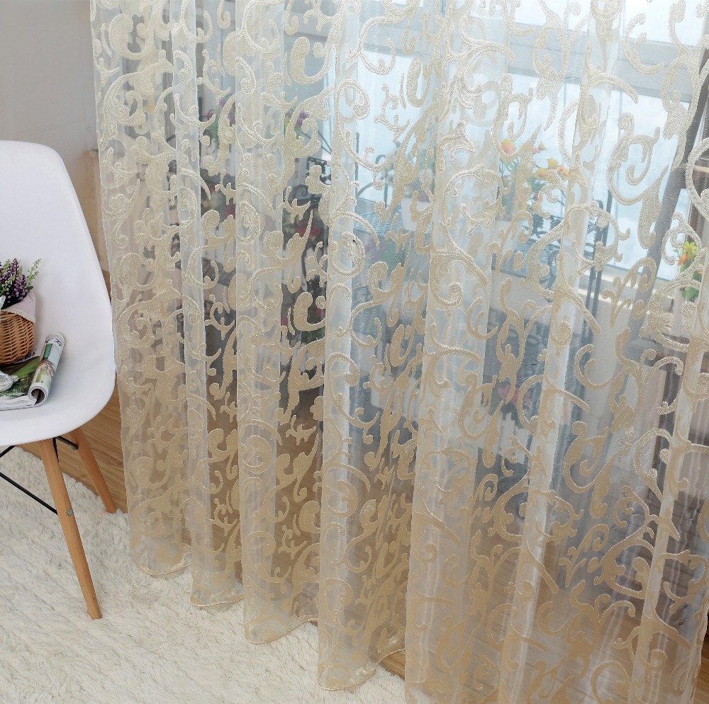 Image of European style jacquard leaf design tulle fabrics sheer curtains for balcony
