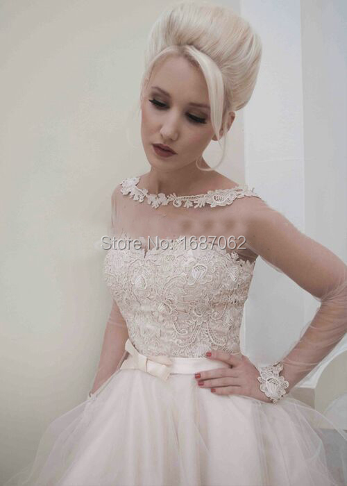 Aliexpress.com Comprar Backless atractivo de manga larga de encaje vestidos novia corto té de longitud de tul una línea vestido nupcial de robe de mariage