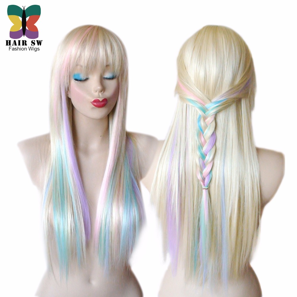 Image of Blonde/Pastel color highlights rainbow wig Fairy princess wig Long straight hair Heat resistant multi colorful wig with bangs