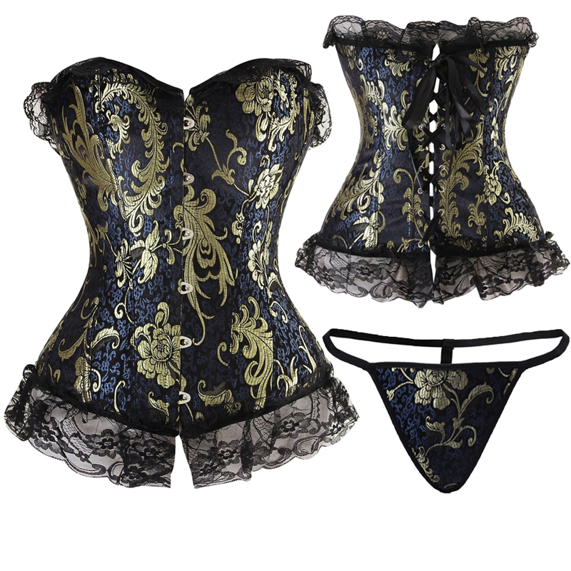 2016 New Fashion gold flower pattern Waist Trainning Corsets And Bustiers Satin Overbust Corset Plus Size