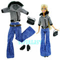 5 In 1 Fashion Houndstooth Coat Denim Trousers Belt Handbag Shoes High Heels Clothes Outfit For