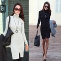 New Korean Split Design Sweater Sheath Dress Casual Turtle Neck Long Sleeve Slim OL Lady Bodycon