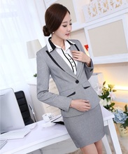 New Novelty Grey 2015 Autumn Winter Uniform Styles Female Work Suits With Tops And Skirt Ladies Office Work Career Blazers Sets
