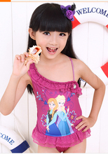 2015 lovely cartoon printing lace ice girls swim dress red blue color baby swim dress beach