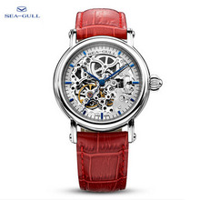 original seagull black genuine leather 50m waterproof transparent dial automatic Mechanical men Skeleton watch