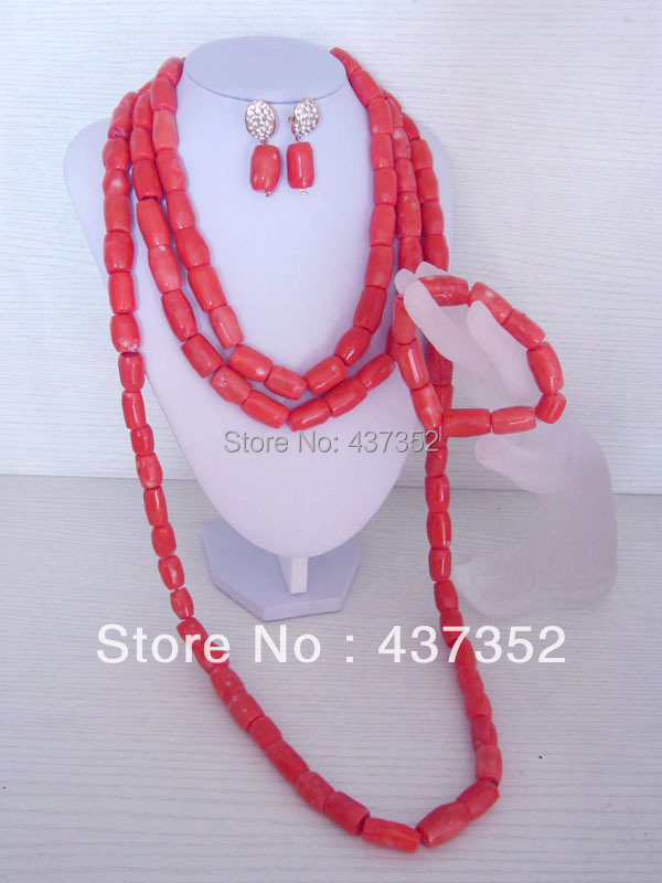New Design Fashion Nigerian Wedding African Pink Coral Beads Jewelry Set Necklace Bracelet Clip Earrings CWS-163