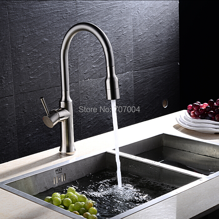 Creative Pull Out Brushed Nickel Kitchen Mixer Faucet Deck Mounted Dual Sprayer Kitchen Faucet Tap