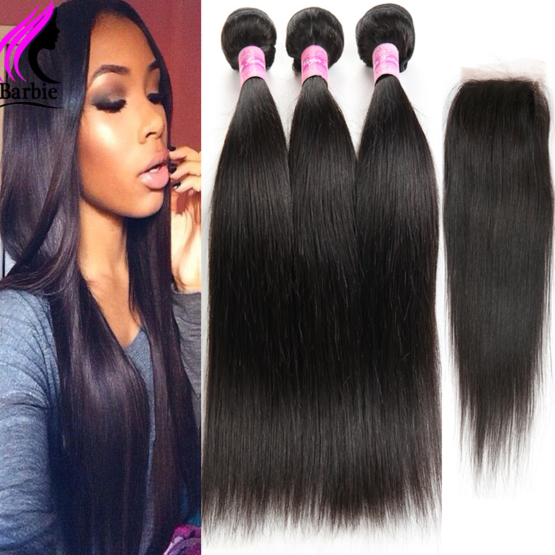 Image of Brazilian Virgin Hair With Closure Brazilian Virgin Hair Straight With Closure 3 Bundles With Closure Human Hair With Closure