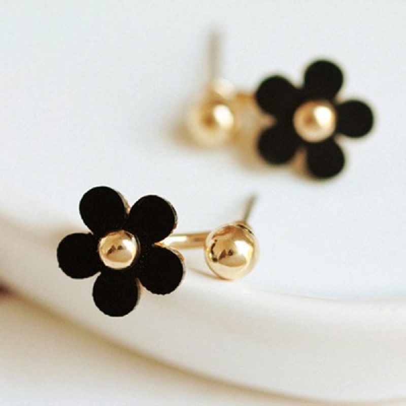 Image of Fashion Elegant Charming Small plated Gold Ball Black Plum Flower Double Sides Earring Party Gift Pressent Free Shipping