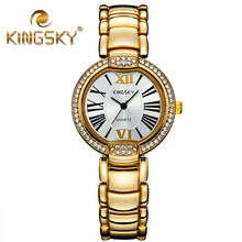 Diamond Roman Numerals Gold Quartz Kingsky Watch Dress 2015 Fashion Casual Alloy Lady Two Tone Classic