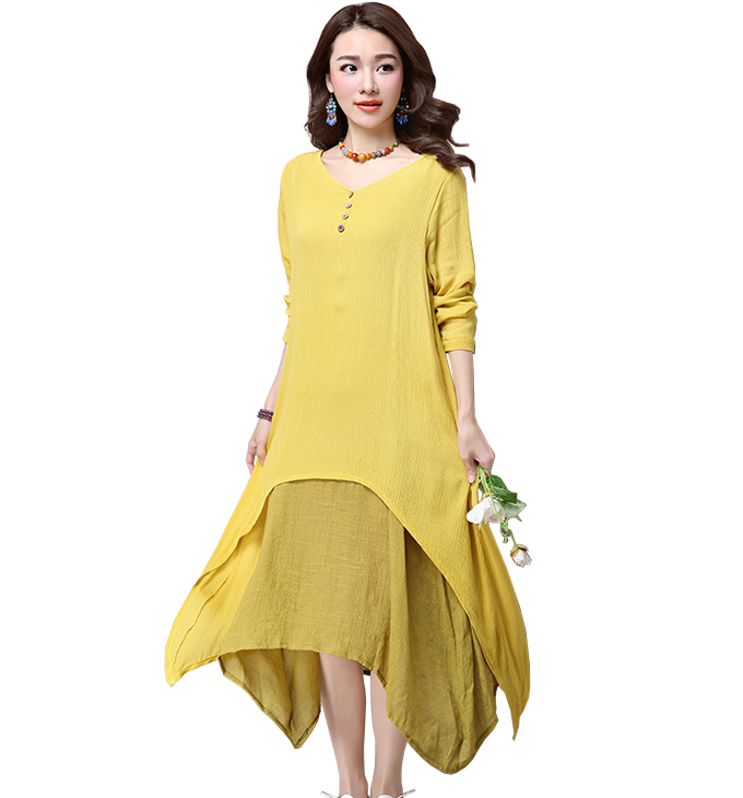 Loose Casual Asymmetrical Dress M L XL 2016 New Spring Autumn Cotton Linen Long Sleeve Beach