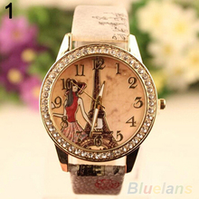 Mujeres Rhinestone torre Eiffel Dial flor impreso Faux cuero banda reloj de pulsera
