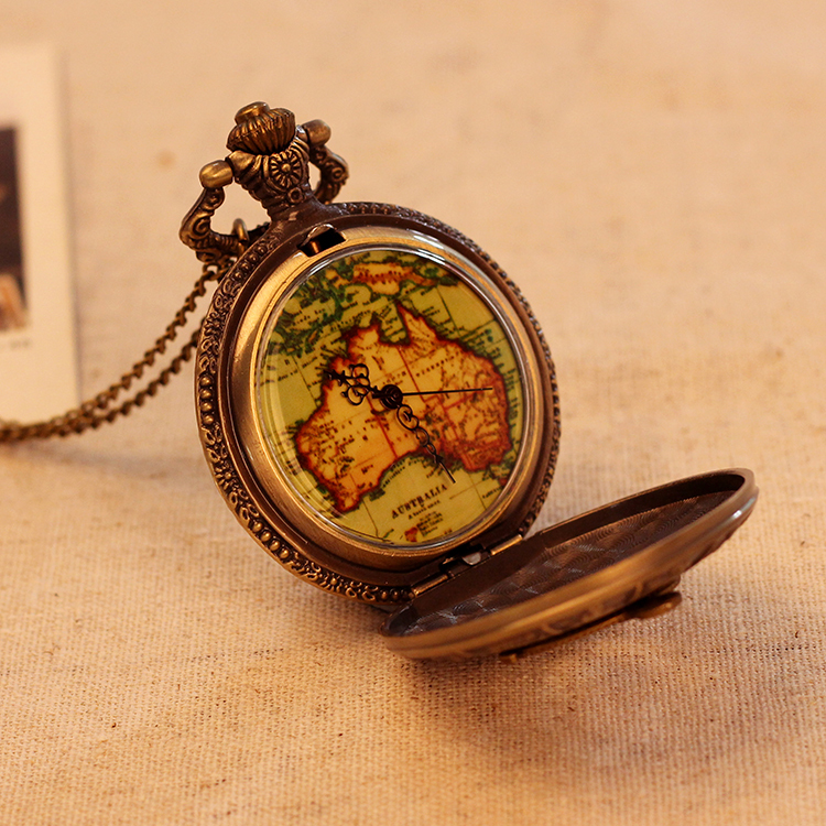 Map Pattern Necklace Pocket Watch Antique Bronze Quartz Alloy Pendant With Long Chain Retro 2015 Hot Sale
