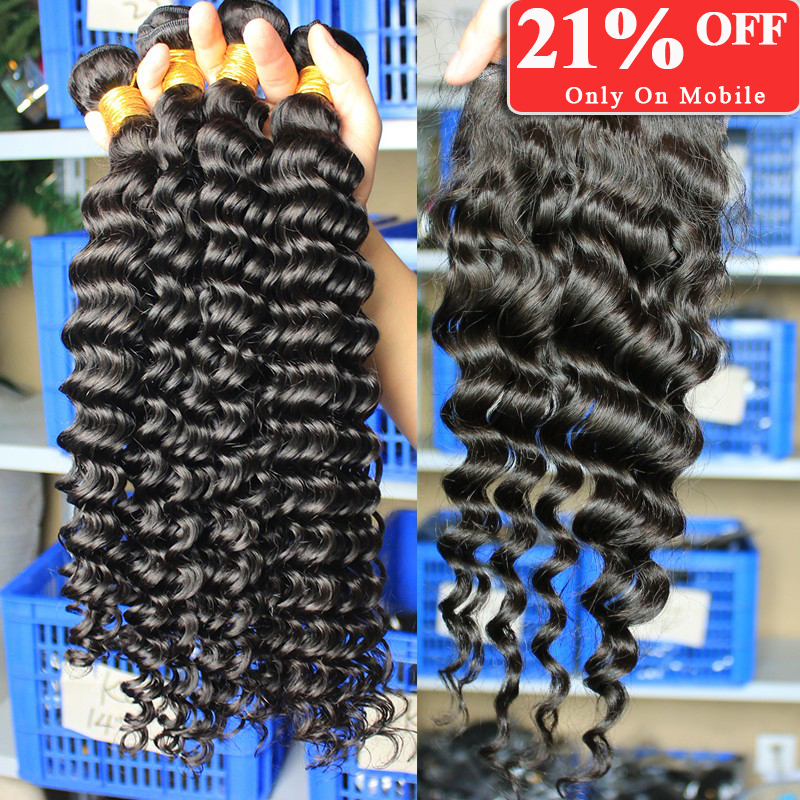 Image of Brazilian Deep Wave With Closure Brazilian Virgin Hair With Closure Deep Curly Brazilian Human Hair Weave Bundles With Closure