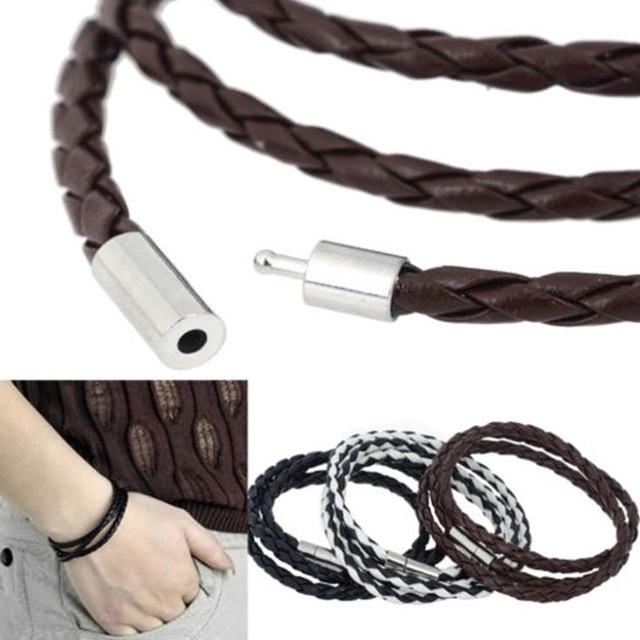 Image of 3 Laps Pu Leather Bracelet Punk Trendy Women Men Silver Black Retro Charm Interlaced Wristband Bangles Link Chain Jewelry