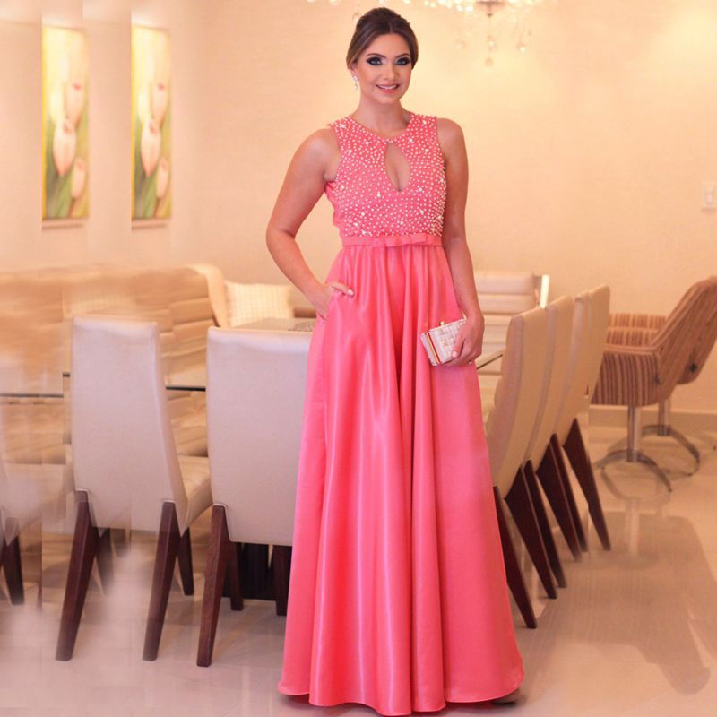 Robe de soirée perlas largos vestidos noche 2015 Crew Neck Backless atractivo del vestido de noche