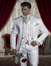 2016 Embroidery Groomsmen Mandarin Lapel Groom Tuxedos White Men Suits Wedding/Prom Best Man Blazer (Jacket+Pants+Vest) C1
