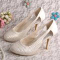 Wedopus MW322 Wedding Sandals Rhinestone Shoes for Women Platform Ivory Satin Peep Toe